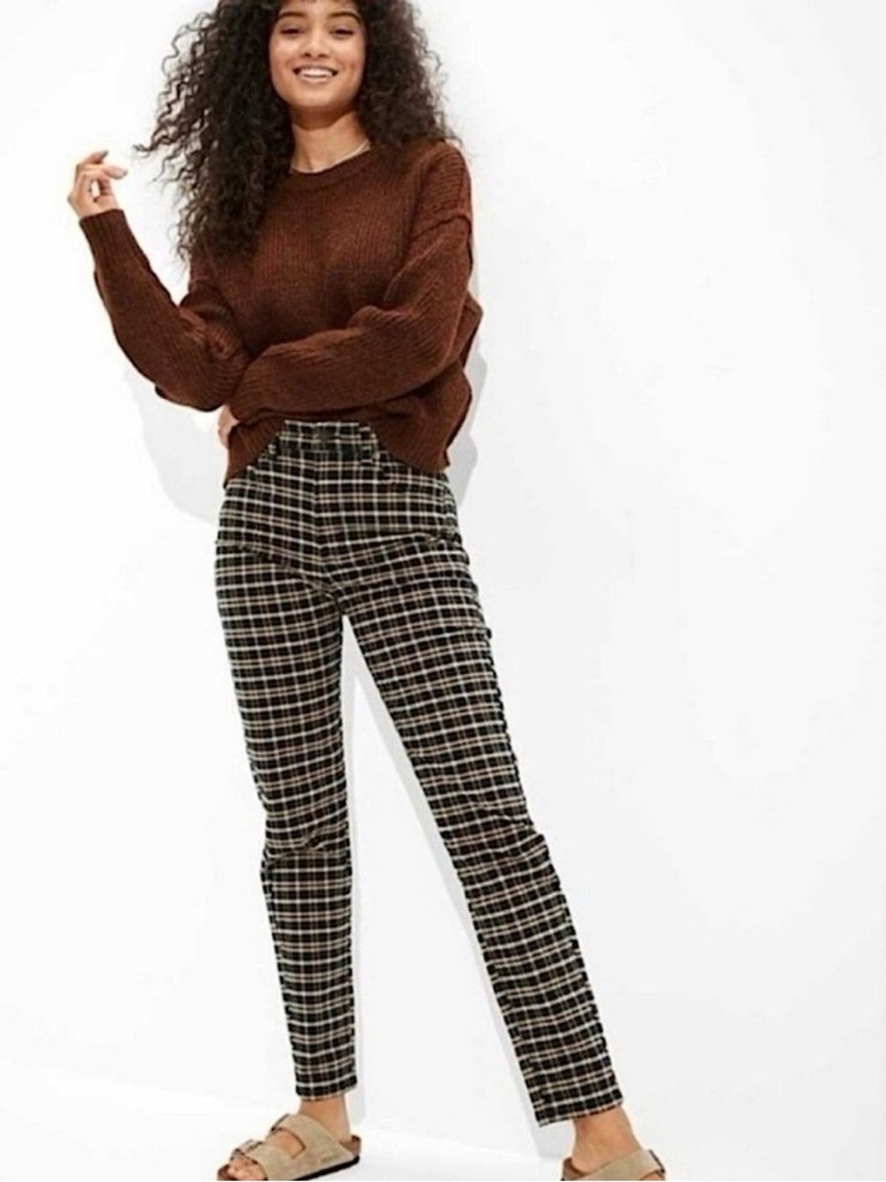 American Eagle Plaid Mom Jean Pants, 6 SHORT